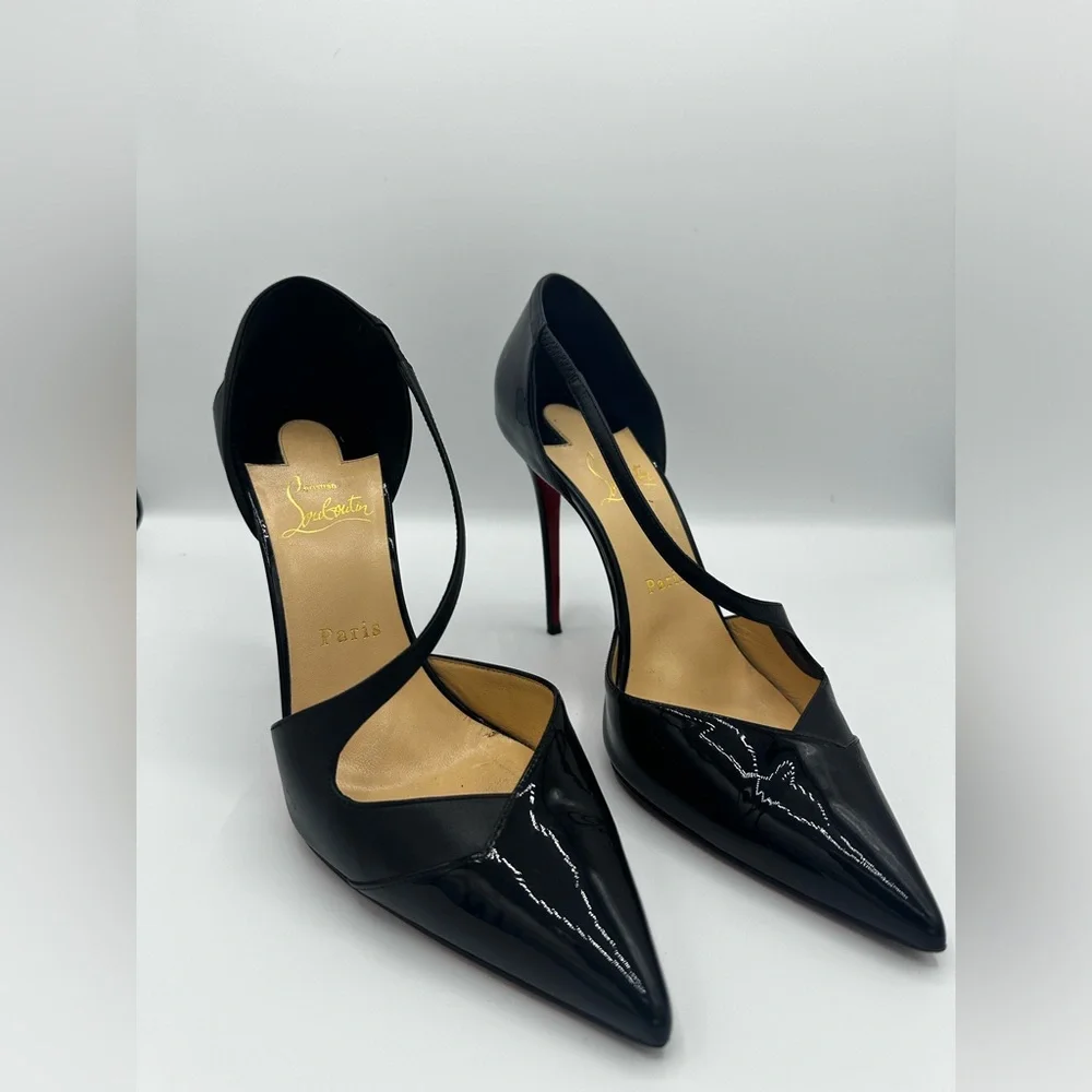 Christian Louboutin Black Patent Leather T-Strap Pointed Toe Pumps